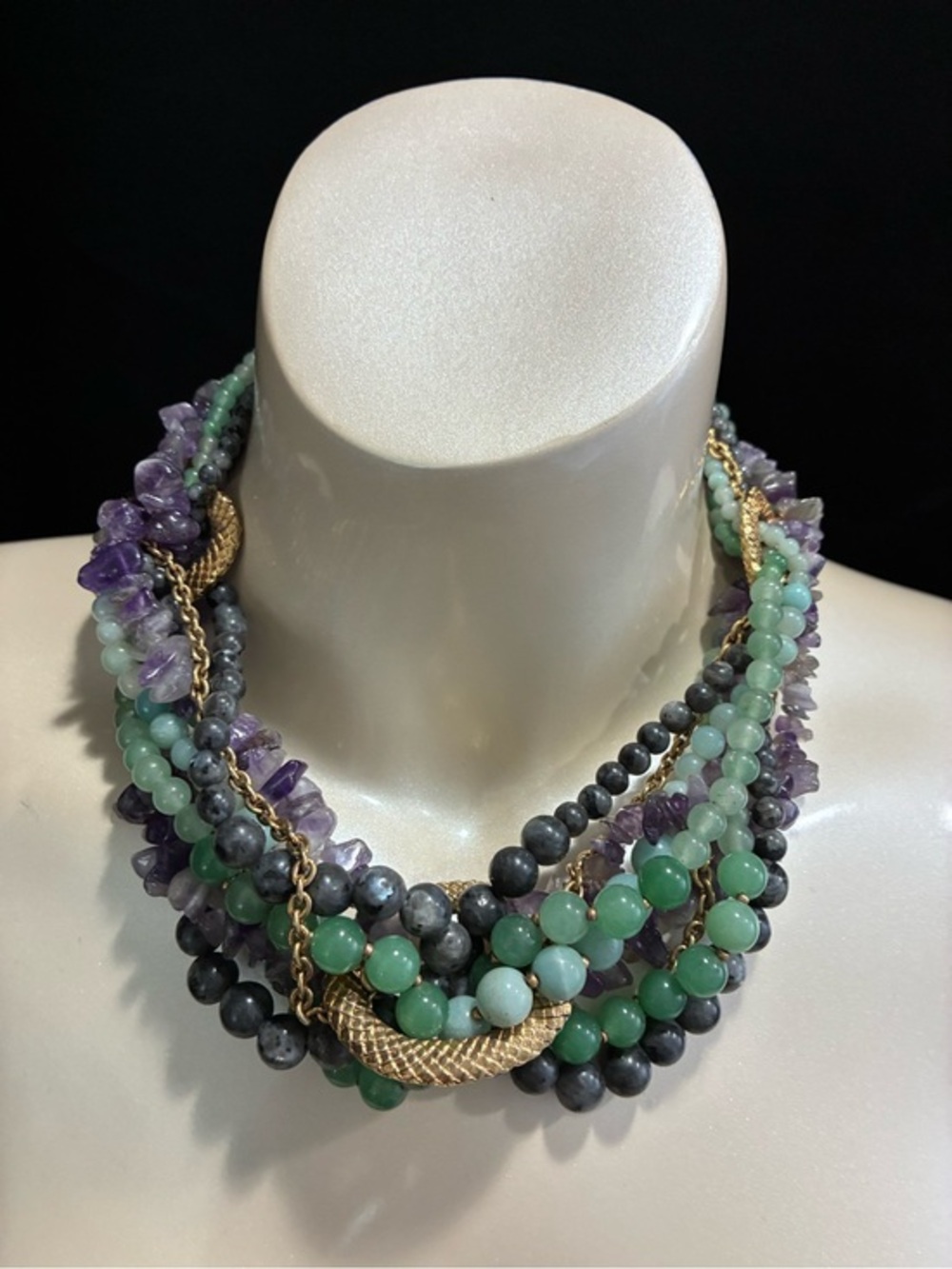 VTG CAROLEE LUX Multi-Strand Amethyst GR Aventurine Necklace with Gold Accents